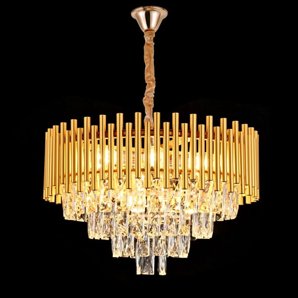 Lustra tip Led Tip Candelabru Imitatie Cristal K9 Golden Tube, dulie 8 xE27, Auriu Suspendat, diametru 500mm