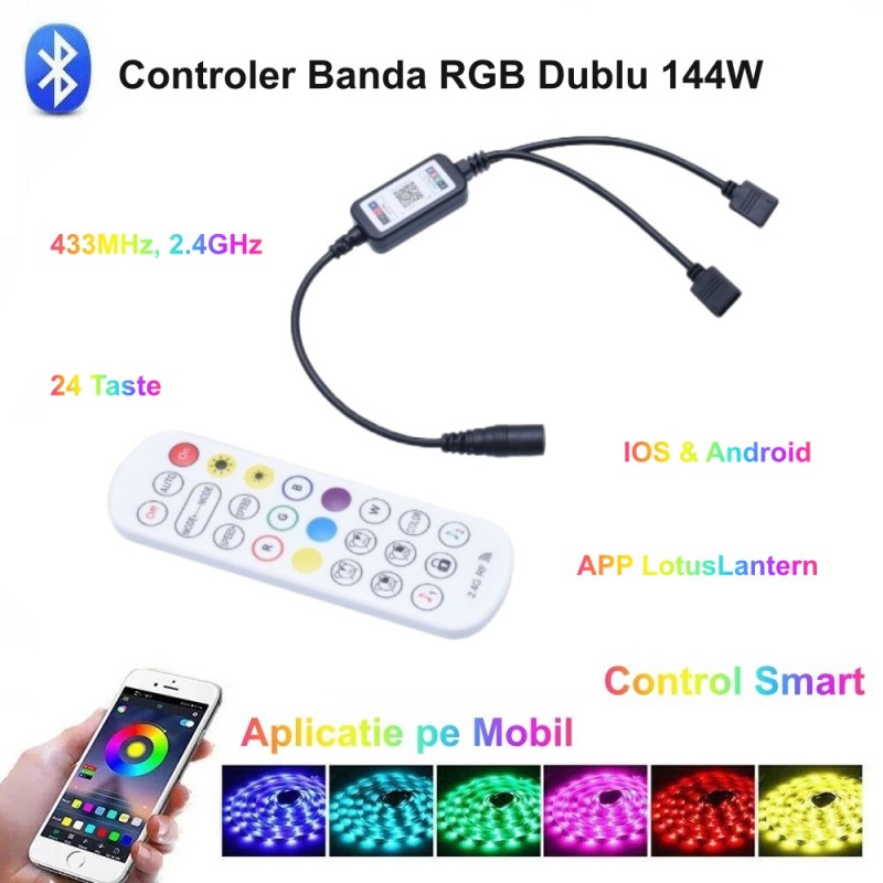 Controller Banda Led RGB cu 2 iesiri, Magic Smart, telecomanda 24 taste, 144W