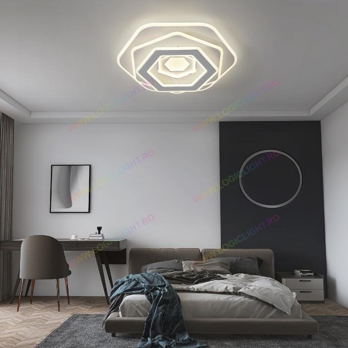 Lustra tip Led Hexagon, Cu 5 Nivele De Lumina Si Telecomanda, Trei modalitati de iluminare 3000K/4000K/6500K, 254W