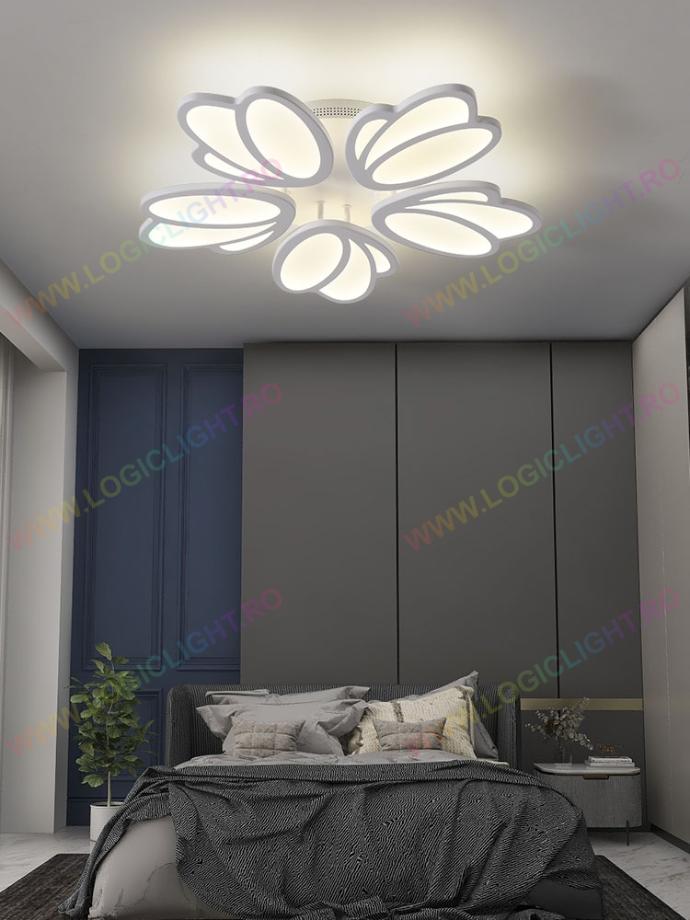 Lustra tip Led Nuferi Albi, Cu 5 Brate Si Telecomanda, Trei modalitati de iluminare 3000K/4000K/6500K, 210W