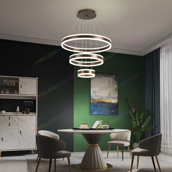 Lustra tip Led, Atarnata, Trei Cercuri, Maro, 3 Nivele De Iluminat, Cu Telecomanda, Trei modalitati de iluminare 3000K/4000K/6500K, 208W