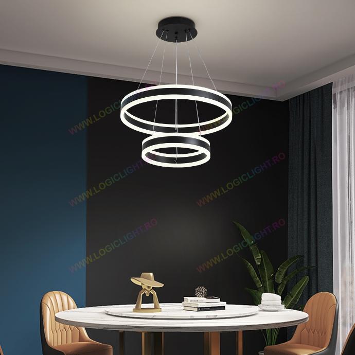 Lustra tip Led, Atarnata, Doua Cercuri, Neagra, 2 Nivele De Iluminat, Cu Telecomanda, Trei modalitati de iluminare 3000K/4000K/6500K, 204W