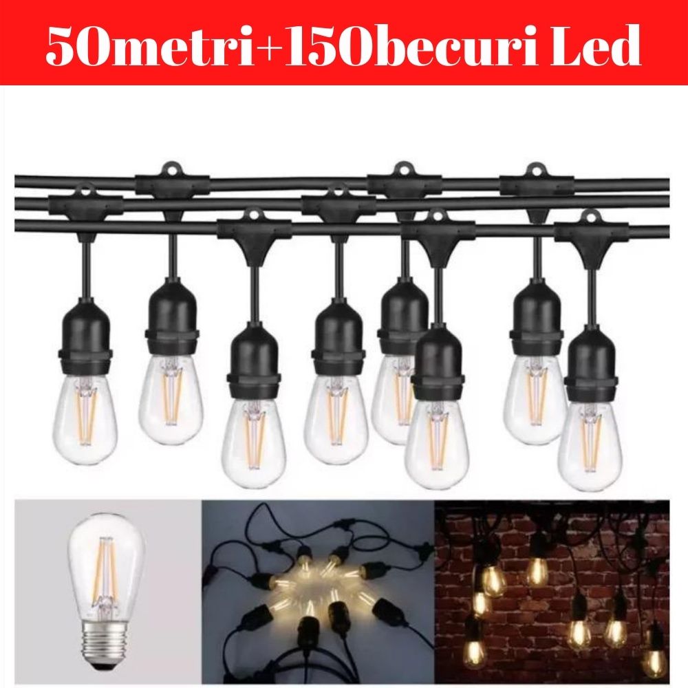 Ghirlanda, 50 Metri cu 150 Becuri Led Filament 2W incluse E27, IP65