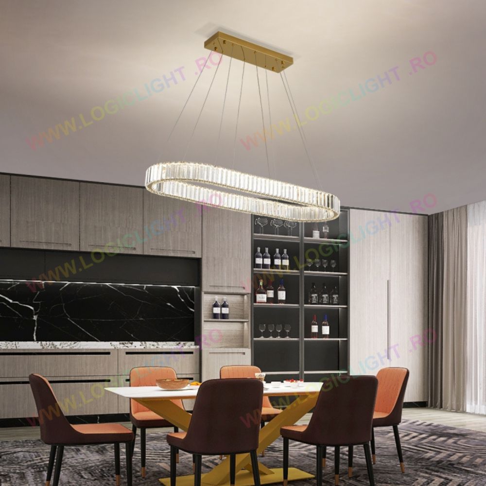 Lustra tip Led Imitatie Cristal Oval 64W Gold, Imitatie Cristale K9, cu Telecomanda, Trei modalitati de iluminare