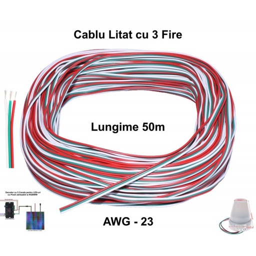 [ALX-18E019] Cablu 3 fire Banda Led RGB, 50ml rola