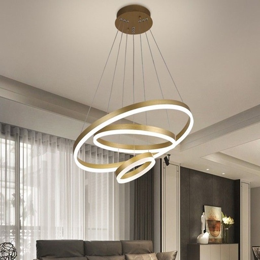 [FSL-2557-3GD] Lustra tip Led Ring  Rings, Atarnata, cu telecomanda, 144W, auriu, cu Trei modalitati de iluminare