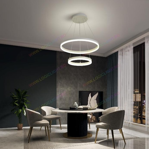 [1719/500-WH] Lustra tip Led, Atarnata, Doua Cercuri, Alba, 2 Nivele De Iluminat, Partea pentru iluminat In Jos, Cu Telecomanda, Trei modalitati de iluminare 3000K/4000K/6500K, 102W