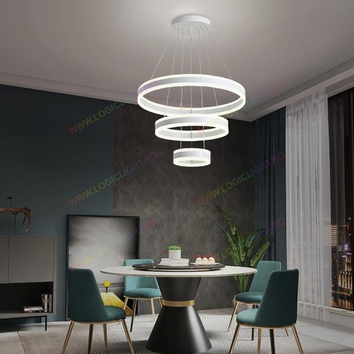 [1768/600-WH] Lustra tip Led, Atarnata, Doua Cercuri, Alba, 3 Nivele De Iluminat,  Cu Telecomanda, Trei modalitati de iluminare 3000K/4000K/6500K, 208W